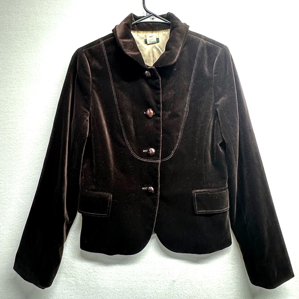 J.Crew Velvet Blazer Women 10 Brown Equestrian Leather Button Contrast Stitch - Picture 3 of 14
